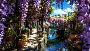 唯美紫藤花河畔小城风景
