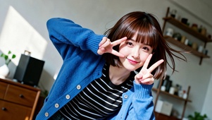 蓝衣短发比耶少女