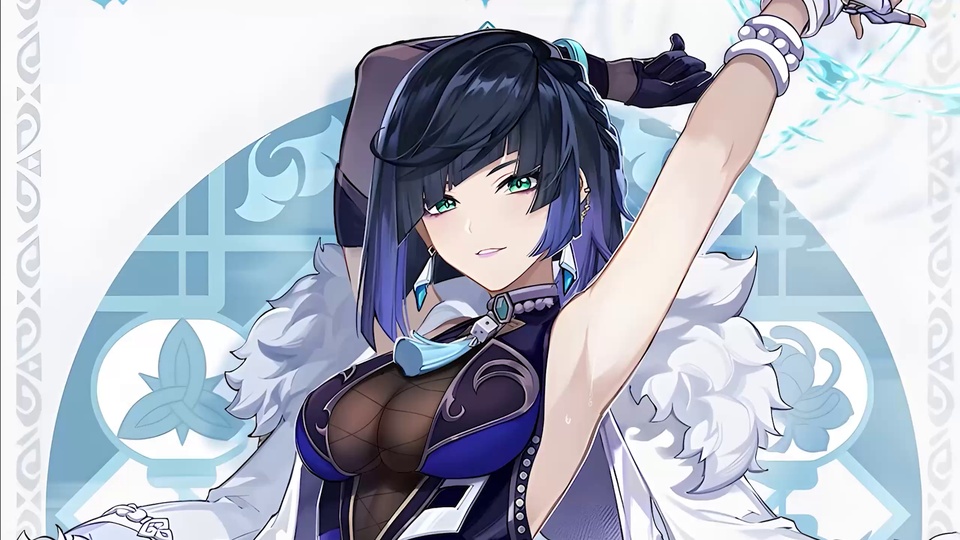 原神角色夜兰侧立画面，身着深青绿色紧身长款服饰，留深蓝色长发，身后是蓝白国风装饰背景