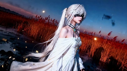 芦苇荡的盲眼白裙少女古风黄昏