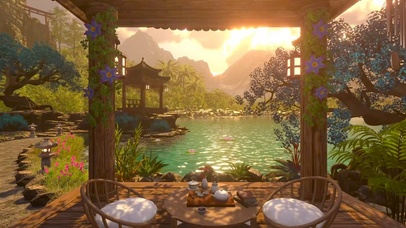 傍晚落日高山湖畔木亭