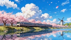 湖边樱花火车