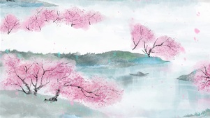 江南水乡桃花柳树国画建筑古风