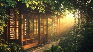 阳光绿叶庭院建筑风景