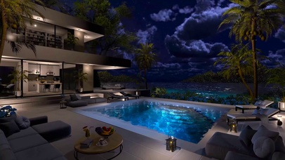 夜晚海边别墅泳池