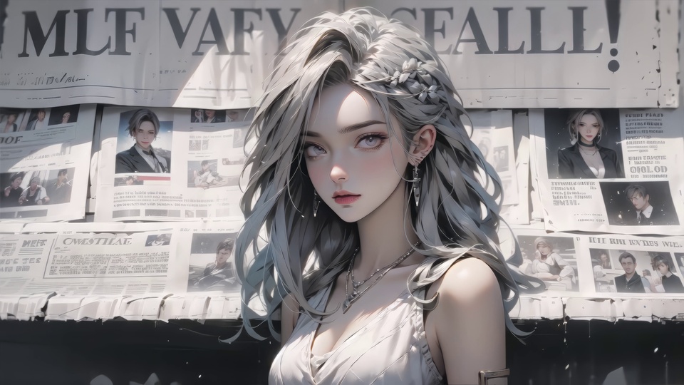 3D写实唯美插画，报纸女孩留着银灰长卷发点缀浅色花饰转头朝向镜头，佩戴长款耳饰与多层项链，身后墙面贴满印有人像与文字的报纸，整体为低饱和浅灰白色调。