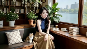 江景舒适房里陪伴小猫的美女