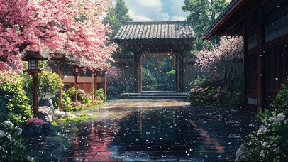 粉色春日庭院古镇建筑