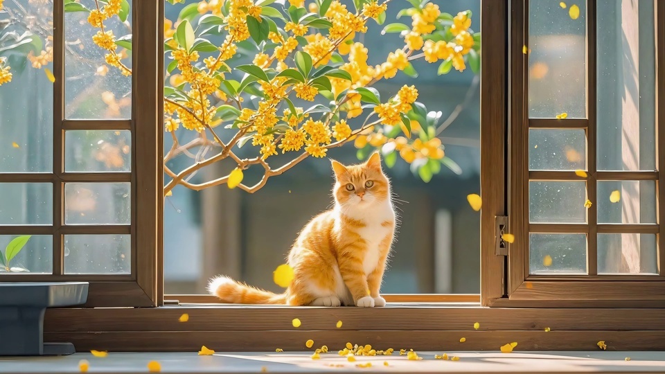 暖光秋日里，橘白相间的猫咪坐在棕框木格窗沿，身旁缀着明黄色簇状小花，花瓣散落在木质台面上。