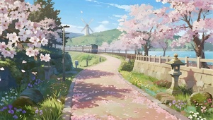 蓝天白云樱花树木火车