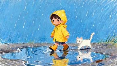 雨天男孩与猫咪走路