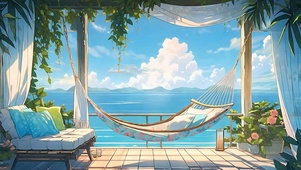 蓝天白云海景树木