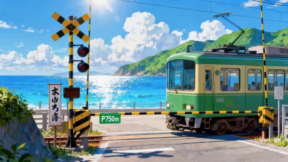 日系二次元插画，夏日沿海铁路道口旁驶过绿黄双色通勤电车，旁侧是泛着波光的蓝色近海，远处是绿植覆盖的丘陵，天空飘着蓬松积云。
