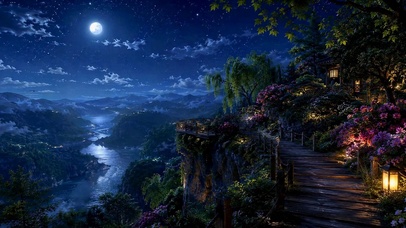 静谧月夜山间河谷夜景