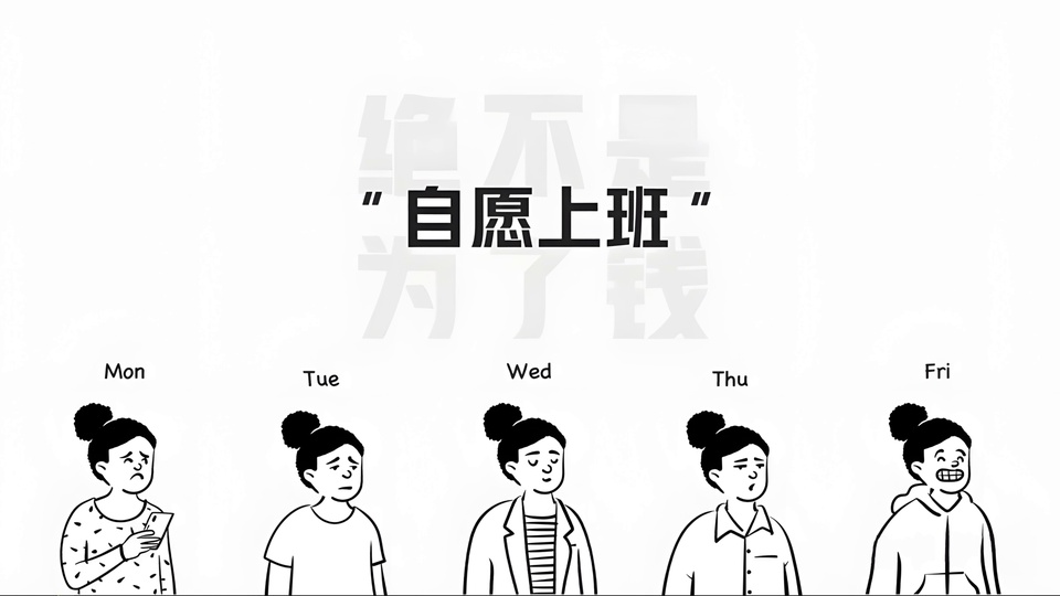 黑白线稿自愿上班漫画 展示周一到周五不同着装的丸子头女性形象