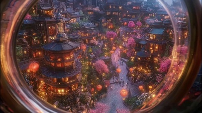 远眺繁华古城傍晚街道