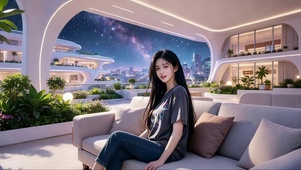 花园露台沙发上休息的美女1