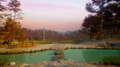 傍晚河流秋林风车