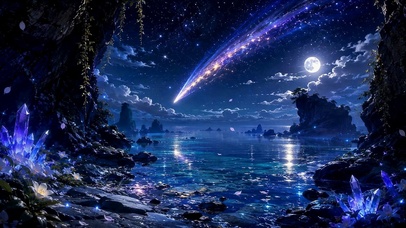 梦幻月夜流星星空海湾