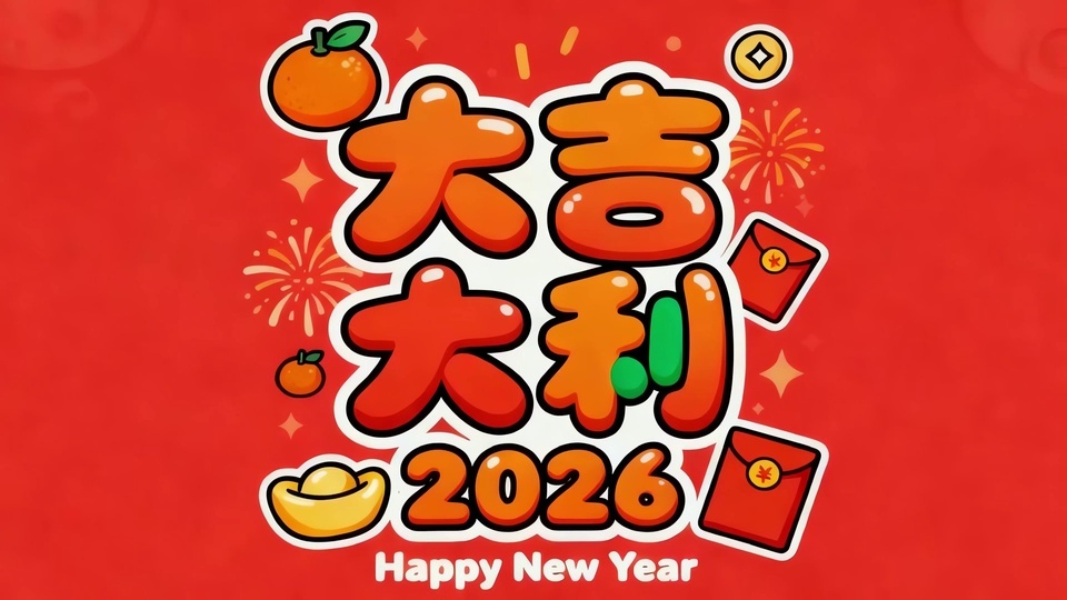 正红色背景上居中摆放橙红渐变圆润艺术字“大吉大利”，下方配有橙色卡通数字2026与白色英文“Happy New Year”，点缀祥云、绿叶等新春装饰元素。
