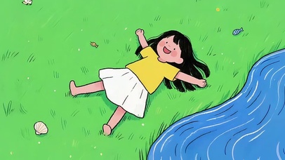 小女孩躺在草坪上