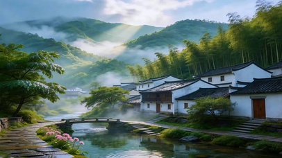 江南晨雾乡村