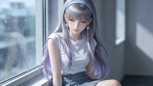 雨天窗边紫发美少女