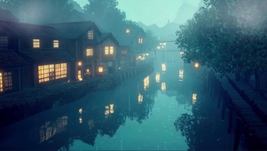 蓝色云雾朦胧江南水乡