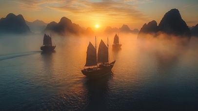 晨雾日出海面帆船