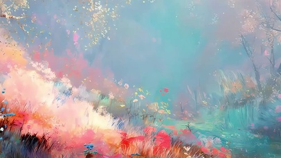 护眼樱花树木河流带鱼屏