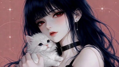 蓝发红瞳少女与可爱白猫