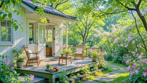 春日花园里的白色小屋