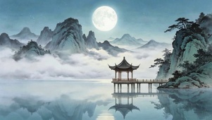 山水云雾湖边亭子