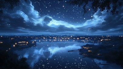 夏日夜空流星湖畔古镇