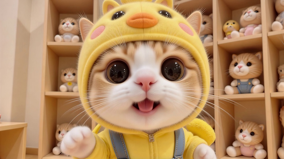 戴小黄鸭头套的橘白萌猫站在摆满小猫毛绒玩偶的浅木色置物架前