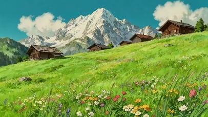 清新绿色雪山草原木屋