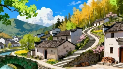 护眼蓝天白云树木河流带鱼屏