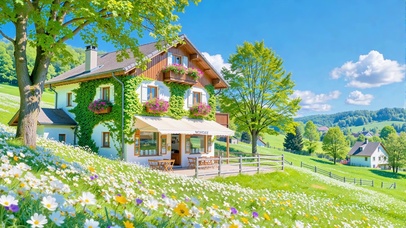 护眼蓝天下花田小屋