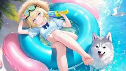 夏日泳装少女与哈士奇