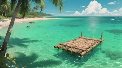 清新绿色海面竹筏