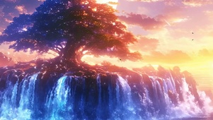 夕阳树木河流带鱼屏