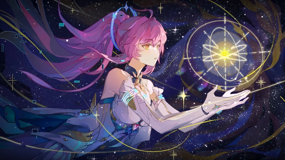 粉紫渐变高马尾少女身处深紫星空，掌心朝向发光金色星阵。