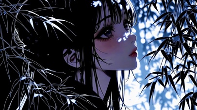 竹影月光下侧颜少女