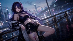 赛博雨夜都市紫发美少女