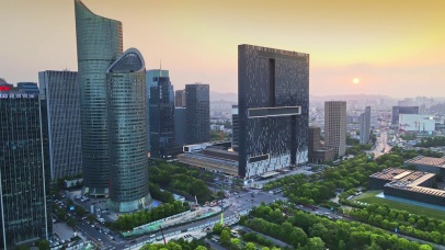 4K杭州CBD高德晚霞日落