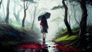 雨天独自散步树林的女生背影