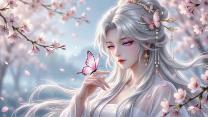 樱花树下古风银发美人