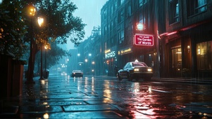 城市潮湿蓝调雨夜街景