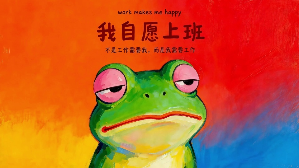 厚涂插画中神态倦怠的绿色卡通青蛙位于画面中央，上方有三行中英文文字，背景为黄橙红蓝渐变的纯色晕染底色。
