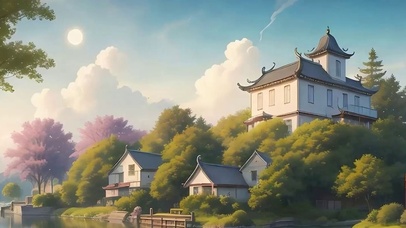 白云树木河流带鱼屏